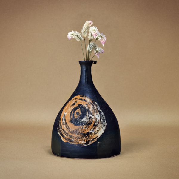 Black vase with eye pattern